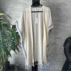 RAYS FOR DAYS Cotton Cream Blue Fringe Tassel Stripe One Size Swim Cover NWT